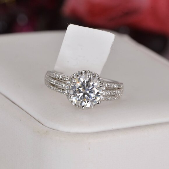 Certified 2.0 ct Halo Brilliant Cut Moissanite Engagement Ring 925 Sterling - Picture 5 of 9